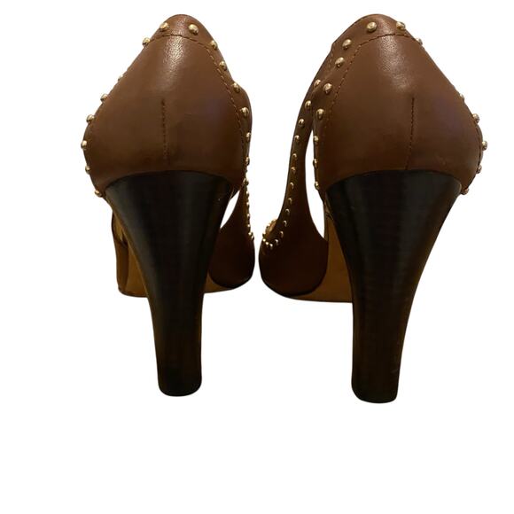 Coach (Style Q1293) Billee Golden Studded Peep Toe 4" Heels Size 9B in Brown - Picture 8 of 15